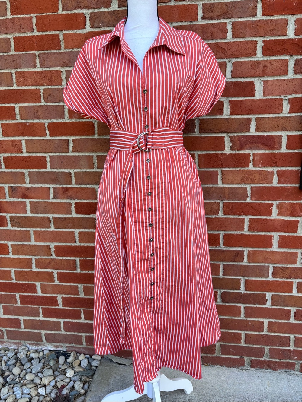 Universal Standard Belted Coral & White Stripe Poplin Shirt Dress Womens Large